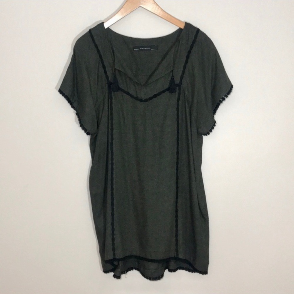 Zara army green black tassel accent smock dress